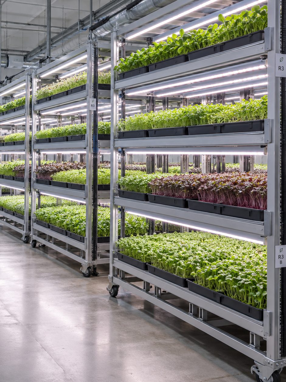 Живая ферма Green City Farm — стеллажи с микрозеленью